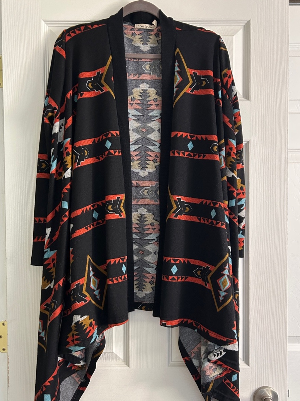 Liberty Love Southwestern Aztec Print Waterfall Cardigan Black Large